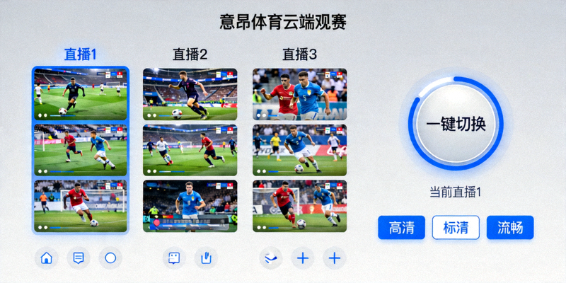 意昂体育云端观赛主界面，展示多场高清体育直播流，支持一键切换和画质选择